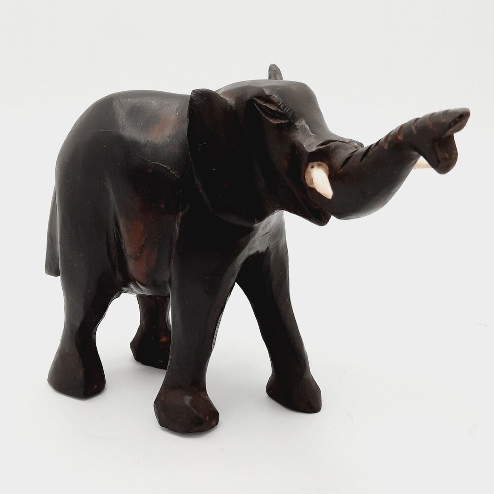 Vtg Black Ebony Wood Hand Carved Bone African Elephant Figurine w/Tusk (Flawed)